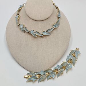 Vintage 1960's Signed Mode Art Light Blue Enamel Leaves Bracelet Necklace Set